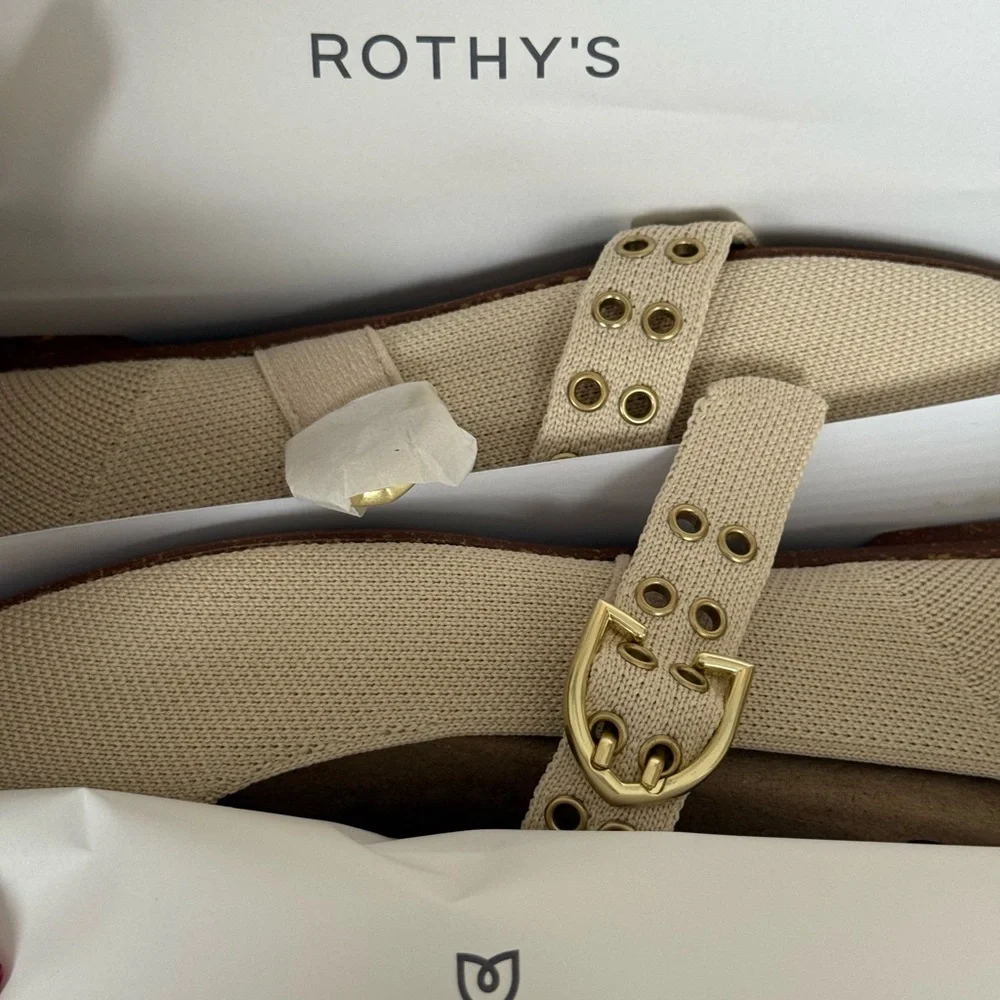 Rothy's Cream Mary Jane Flats with Gold Buckle